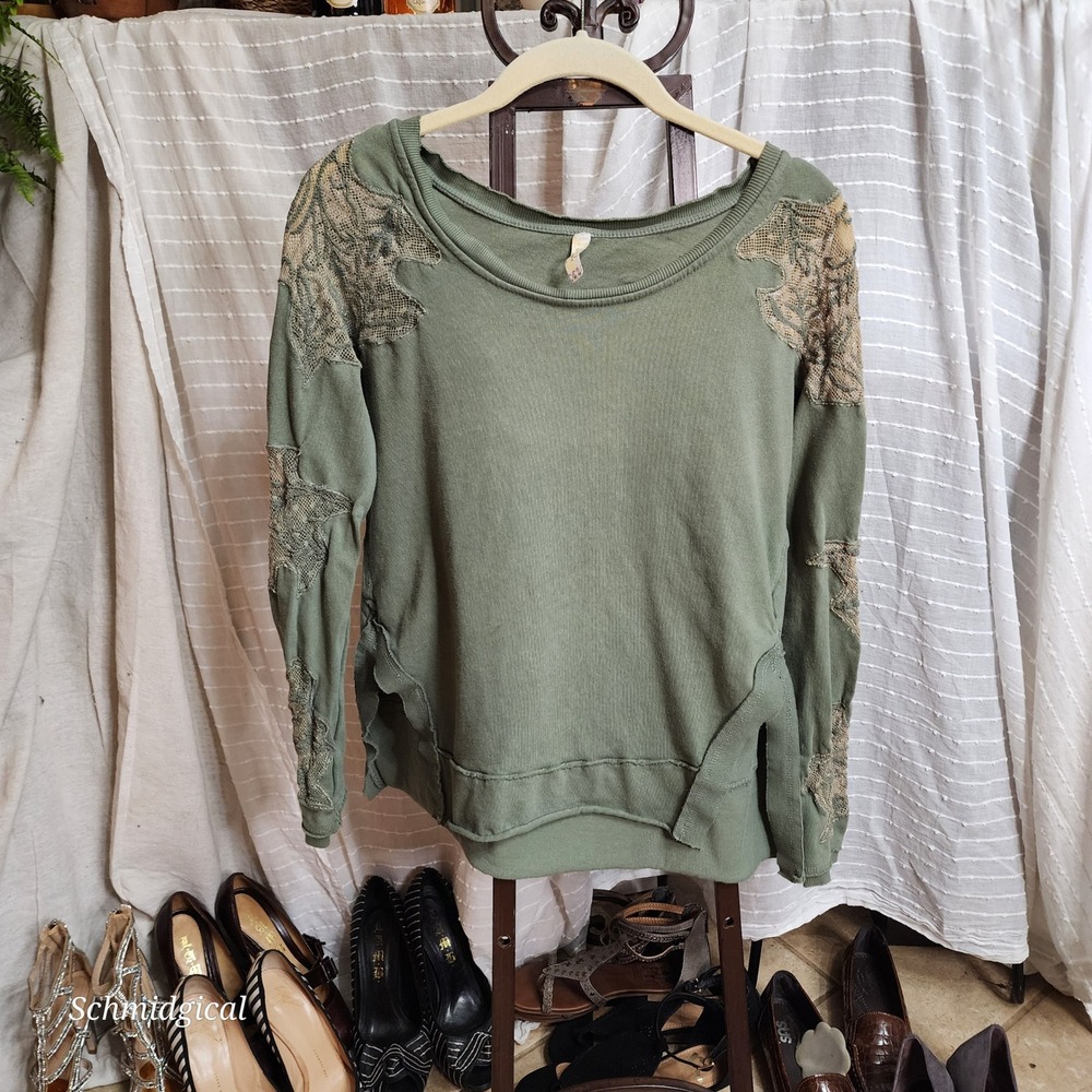 Free People Sage Green Lace Crochet Shoulder Long Sleeve Boho Top Ribbed Knit